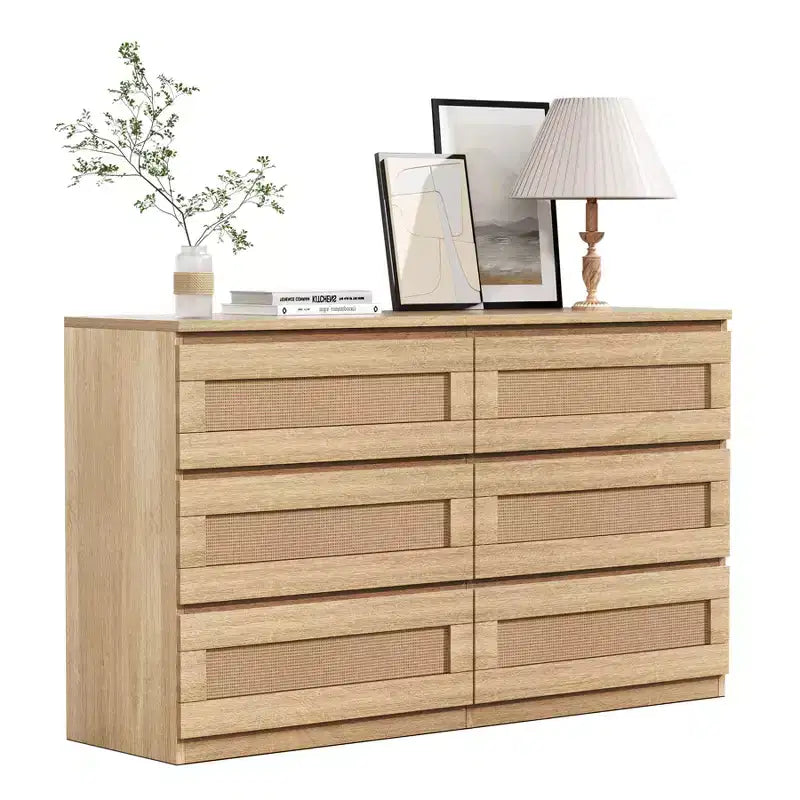 Dresser for Bedroom, Rattan 6/8 Drawer Dresser for Closet, Double Wood Dressers & Chest of Drawers, For Bedroom/Living Room/Entryway, Natural