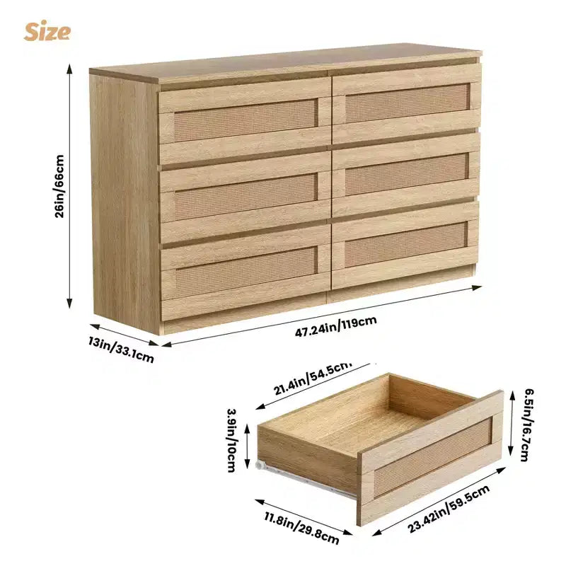 Commode en rotin à 6 ou 8 tiroirs pour chambre, naturelle