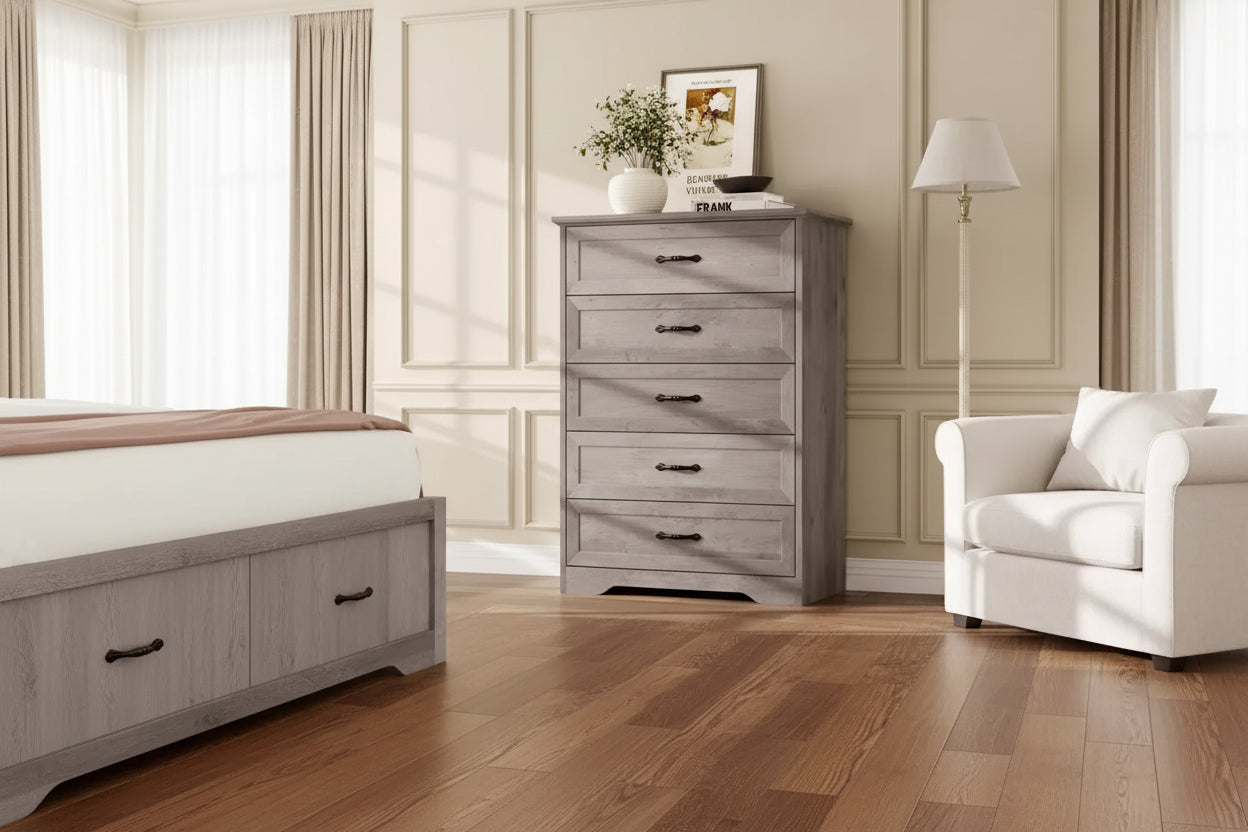 Commode moderne à 6 tiroirs en chêne blanc rustique avec poignées en laiton