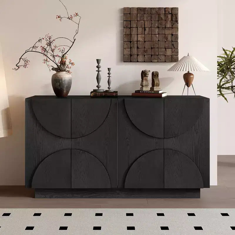 ModernLuxe 4-Door Buffet Sideboard with Adjustable Shelves, Distressed Wood Grain Storage Cabinet with Semi-Circular Handles, Black/Natural
