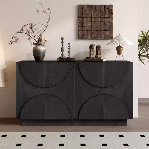 ModernLuxe 4-Door Buffet Sideboard with Adjustable Shelves, Distressed Wood Grain Storage Cabinet with Semi-Circular Handles, Black/Natural