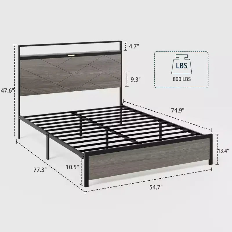 Lit plateforme avec tête de lit LED, ports USB et rangement sous le lit