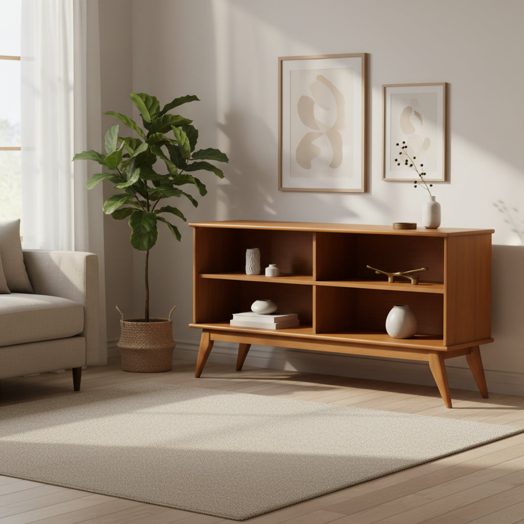 WyndenHall 30" Tierney Low Bookcase Teak Brown: Modern Style, 4 Fixed Shelves, Rubberwood Frame