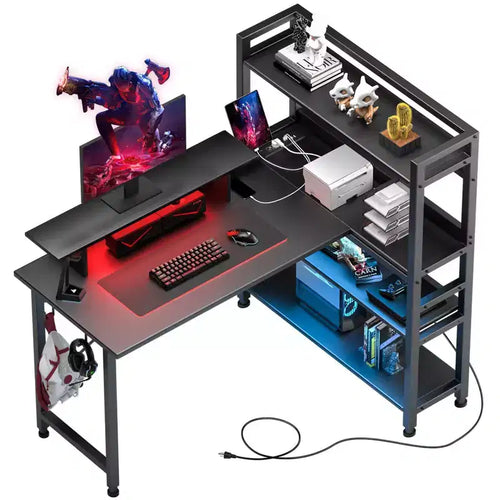 COMHOMA Office Desk 55" Computer Desk with Shelves L Shape Corner Desk with Monitor Stand Black