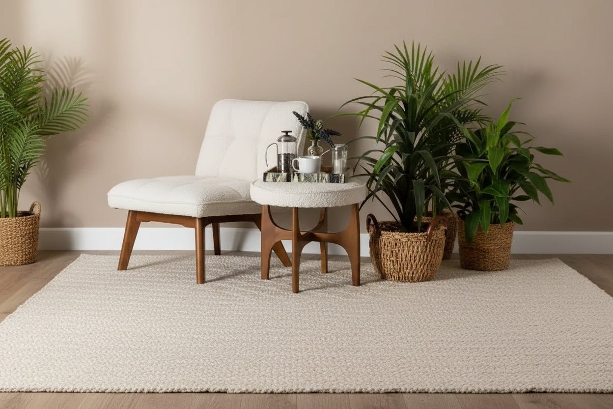 Baxton Studio Theo Japandi Cream Boucle Fabric and Walnut Brown Finished Rubberwood Ottoman Footstool