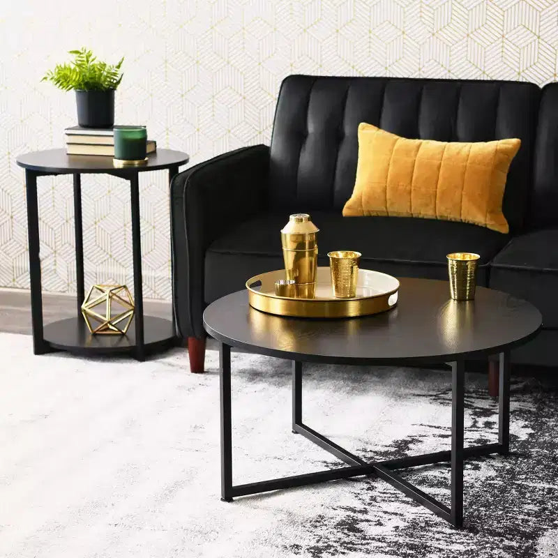Table basse ronde avec piètement en fer noir