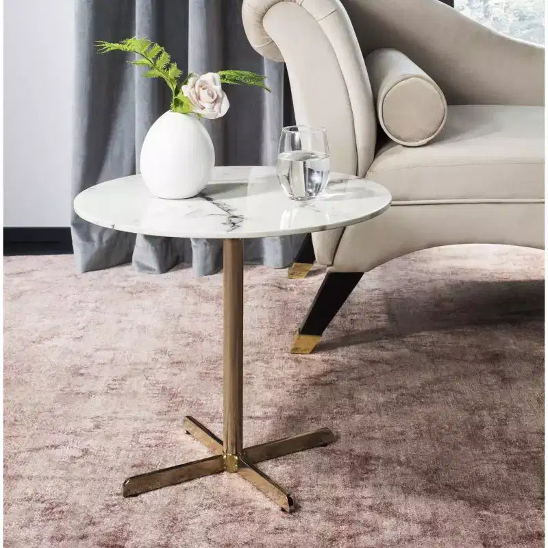 Table d'appoint ronde contemporaine en faux marbre et laiton