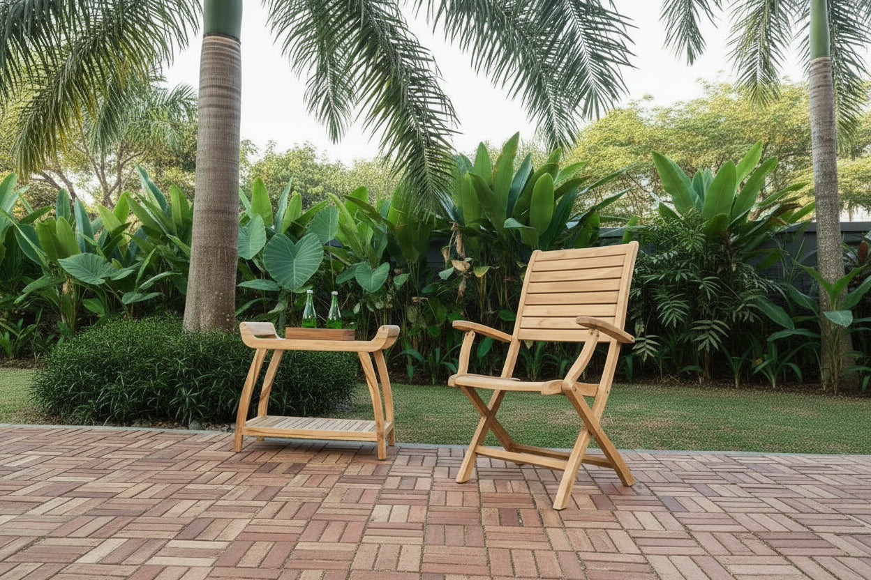 Nordic Teak Natural Outdoor Patio Folding Chair with Arm Rests - Beige